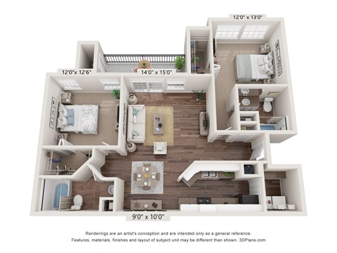 Floor plan for 2 beds, 2 baths, 1213 sqft
